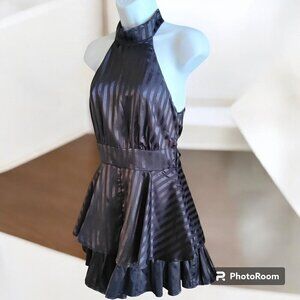 BLITHE Los Angeles Black Halter Satin  Ruffled  Romper - S